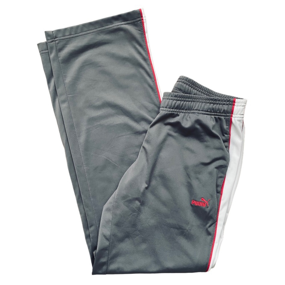 Puma track pants gray with white side stripe, pockets, loose fit, size small